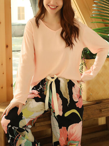 Floral Printing V-Neck Bow Loungewear