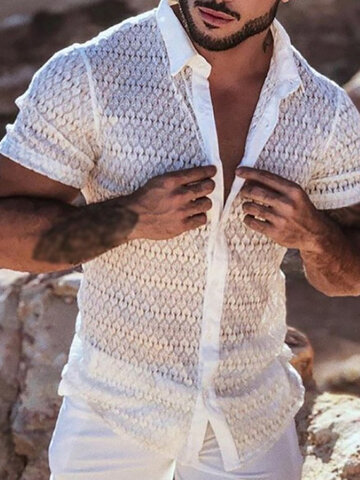 Men Sexy Lace Short Sleeve Shirt