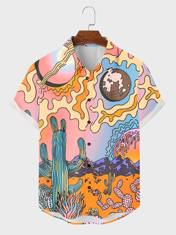 Cactus Print Curved Hem Lapel Collar Shirts