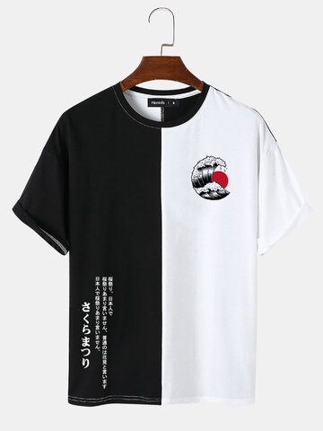 Japanese Wave Print Two Tone T-Shirts