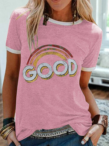 Rainbow Letter Printed Patchwork O-Neck T-shirt