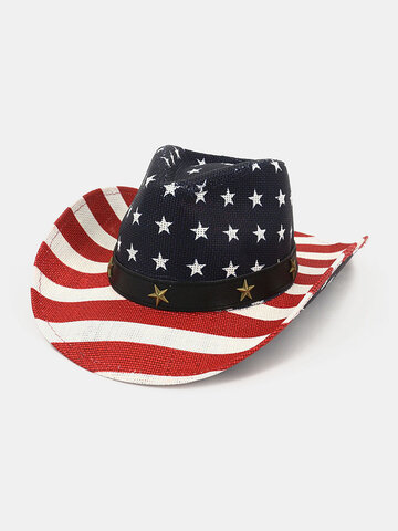 American Flag Retro Western Cowboy Hat Summer Prairie Straw Hat