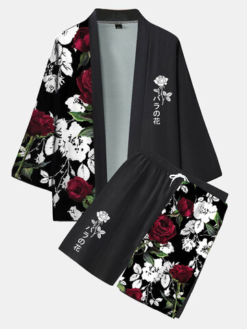 Conjunto de kimono con estampado de rosas japonesas