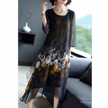 

Silk Printed Dress Loose Large Size Season New Women's Wide Wife Silk Long Skirt Can Be Issued