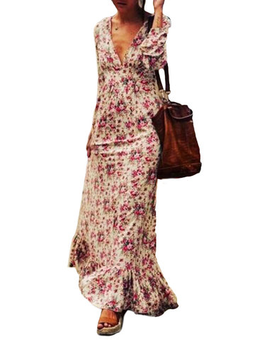 Sexy V-neck Long-sleeved Floral Print Dress