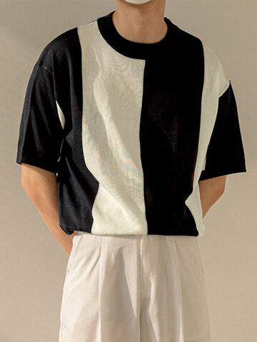 Zweifarbiges Strick-T-Shirt mit Colorblock-Muster