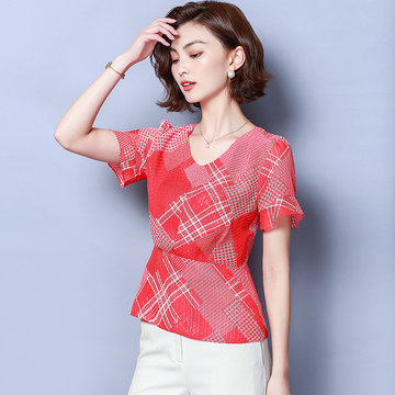 

Printed Chiffon Women's Season New Fashion Large Size Short-sleeved V-neck Shirt Loose Casual Shirt