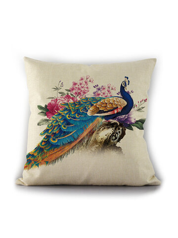 Simple Peacock Flower Linen Pillow Case