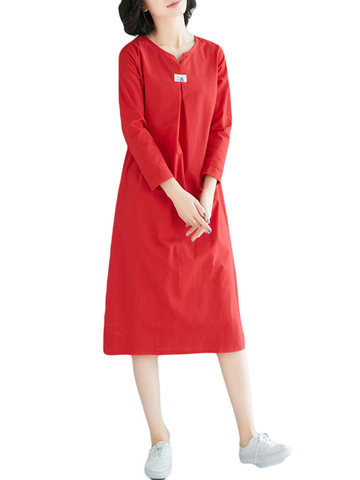 

Vintage Cotton Linen V-neck Nine-point Sleeve A-line dress, Khaki