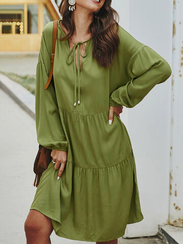 Solid Tie Front Long Sleeve Dress