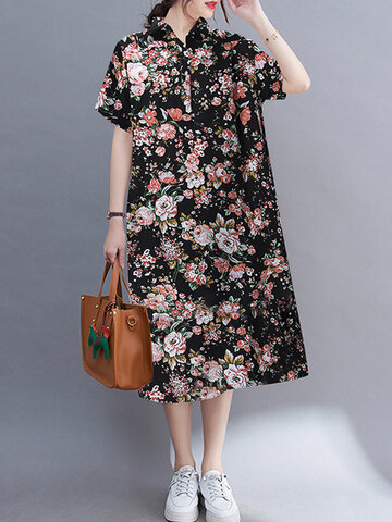 Flower Print Pocket Lapel Dress