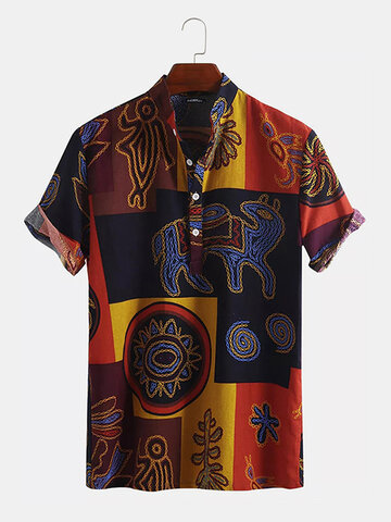 コットンアフリカ部族民族トーテムプリントヘンリーシャツ