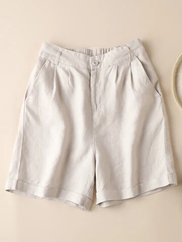 Solid Rolled Hem Pocket Elastic Waist Casual Shorts 