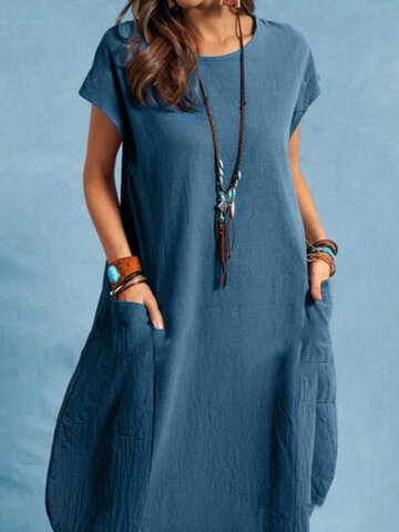 Solid Pocket Casual Cotton Dress
