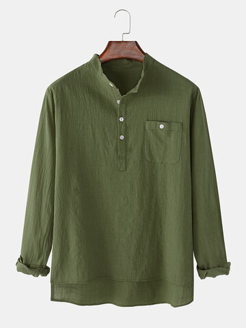 Solid Color Cotton Linen Henley Shirts