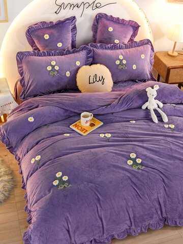 4Pcs Flannel Floral Overlay Towel Embroidery Autumn And Winter Warm Comfy Bedding Milk Velvet Series Kit
