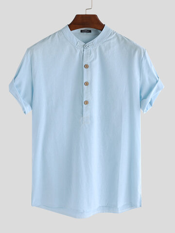 Einfarbiges Retro-Henley-Hemd aus Baumwollleinen