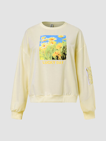 Plus Size Pocket Design Printed Floral Sweatshirt