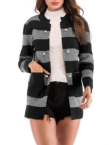 Knitted Striped Pockets Cardigans