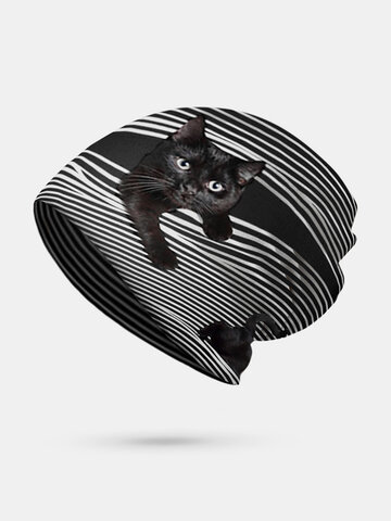 Women Plus Velvet Cat Print Stripe Pattern Soft Beanie