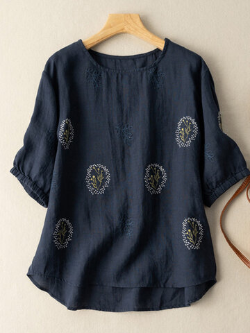 Leisure Embroidered Ruched Cotton Blouse