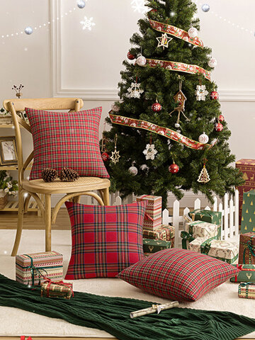 Funda de almohada de tela escocesa navideña de 1 pieza, geométrica simple Patrón, funda de almohada, funda de cojín para sofá
