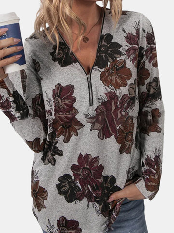 Floral Print Zipper Long Sleeves Casual Sweatshirts for Women