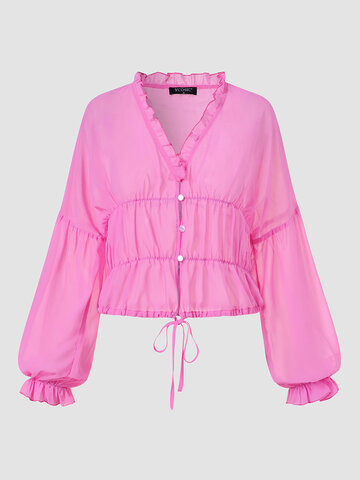 Solid Tie-Front Smocked Blouse