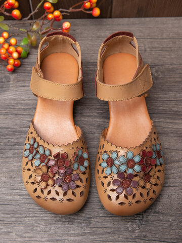 SOCOFY Colorful Flowers Decor Hollow Out Leather Casual Flat Shoes