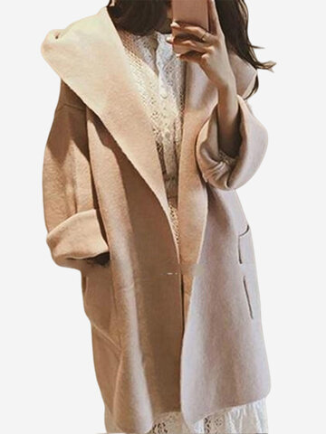 

Solid Color Loose Hooded Long Section Woolen Coat