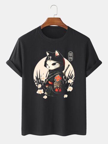 Japanese Warrior Cat Floral T-Shirts