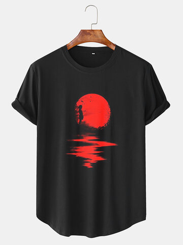 Red Sun Figure Print T-Shirts