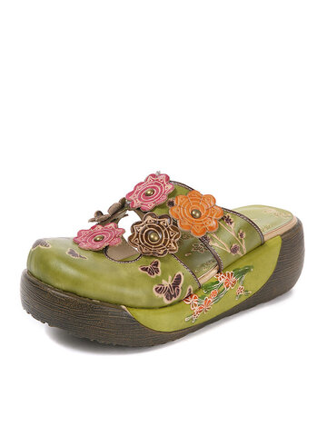 Socofy Leather Vacation Bohemian Platforms Slippers