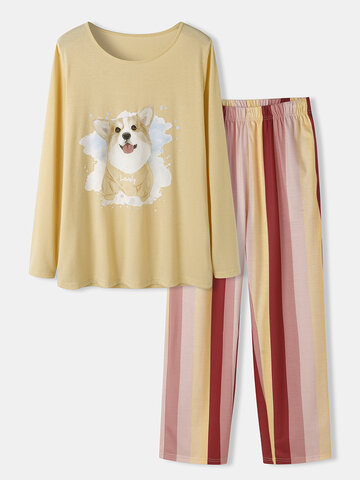 Plus Size Dog Print Striped Pajamas Sets