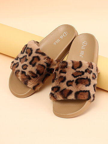 Leopard Print Faux Fur Slide Slippers