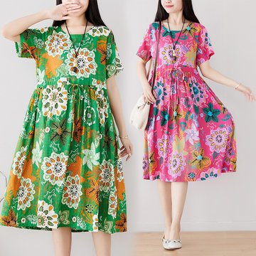 

Season New National Style Large Size Women's Tie Printed Short-sleeved Cotton And Linen Dress De8113