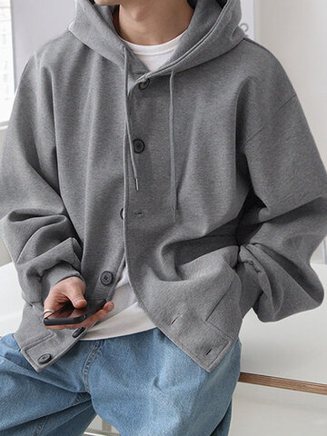 Solid Button Front Hooded Jacket
