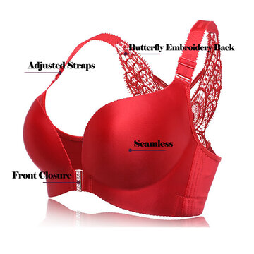 Women Wire-Free Push Up Bra Seamless Front Closure Lace Butterfly Daily Bra 