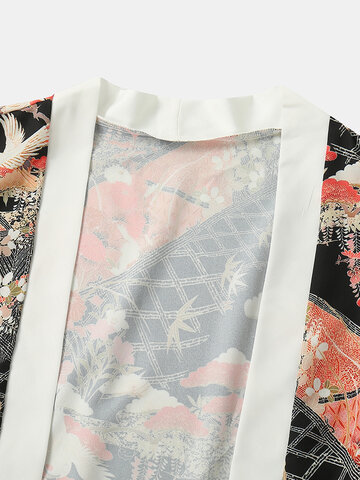 Crane Floral Print Kimono