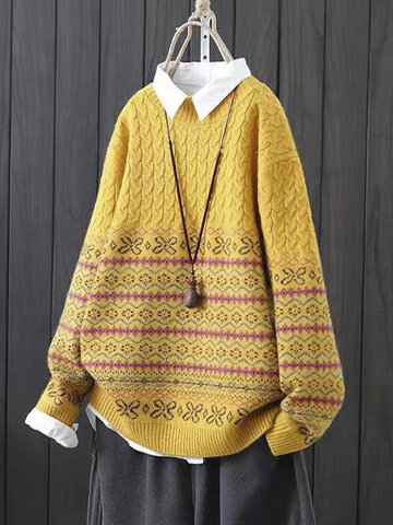 Vintage Ethnic Jacquard Print Pullover Knit Sweater