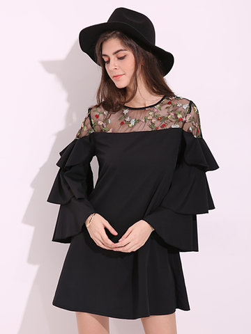 

Sexy Women Embroidery Sheer Flouncing Sleeve Mini Dress, Black off white blue pink