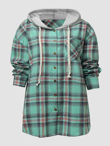 Plaid Button Pocket Hooded Blouse