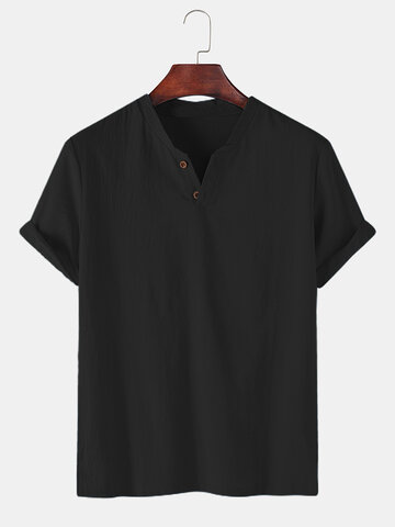 T-shirt à col en V 100 % coton de couleur unie