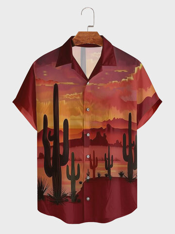Cactus Landscape Print Revere Collar Shirts