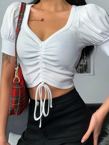 Solid Color Pleated Crop Top