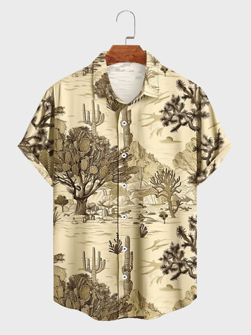 Camisas informales con cuello de solapa y estampado de plantas para hombre