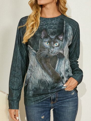 Black Cat Print O-neck Casual Sweatshirt