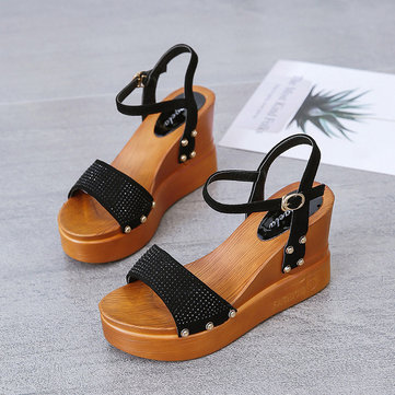 

Season New Word Buckle With Rhinestones Wild Sandals Female Slope With Roman Style Wind Toe Sandals