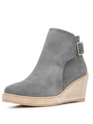 Solid Buckle Strap Wedge Ankle Boots