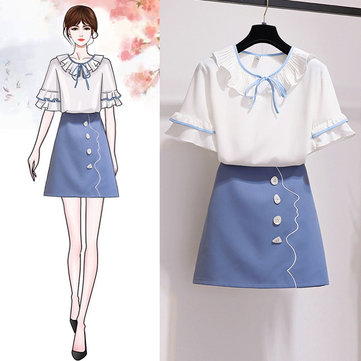 

Chiffon Shirt Buckle Embroidery Skirt Two-piece Suit